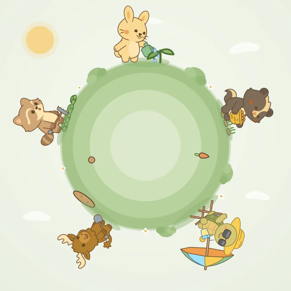Illustration of a tiny round planet with the five garden buddies standing around it: a bunny watering, a skunk with a harvest basket, a turtle under an umbrella, a moose with a shovel and a raccoon with a rake.